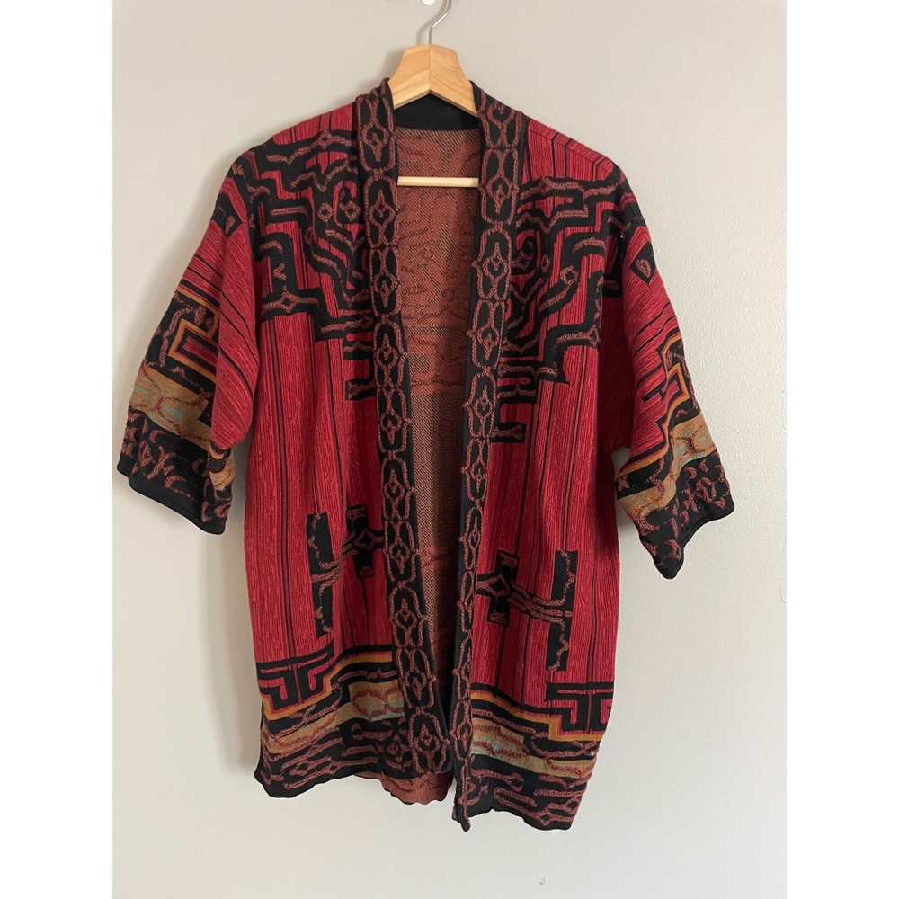 Peruvian Connection Cardigan Aztec M Red Cotton Jacquard Kimono Boho No Size Tag